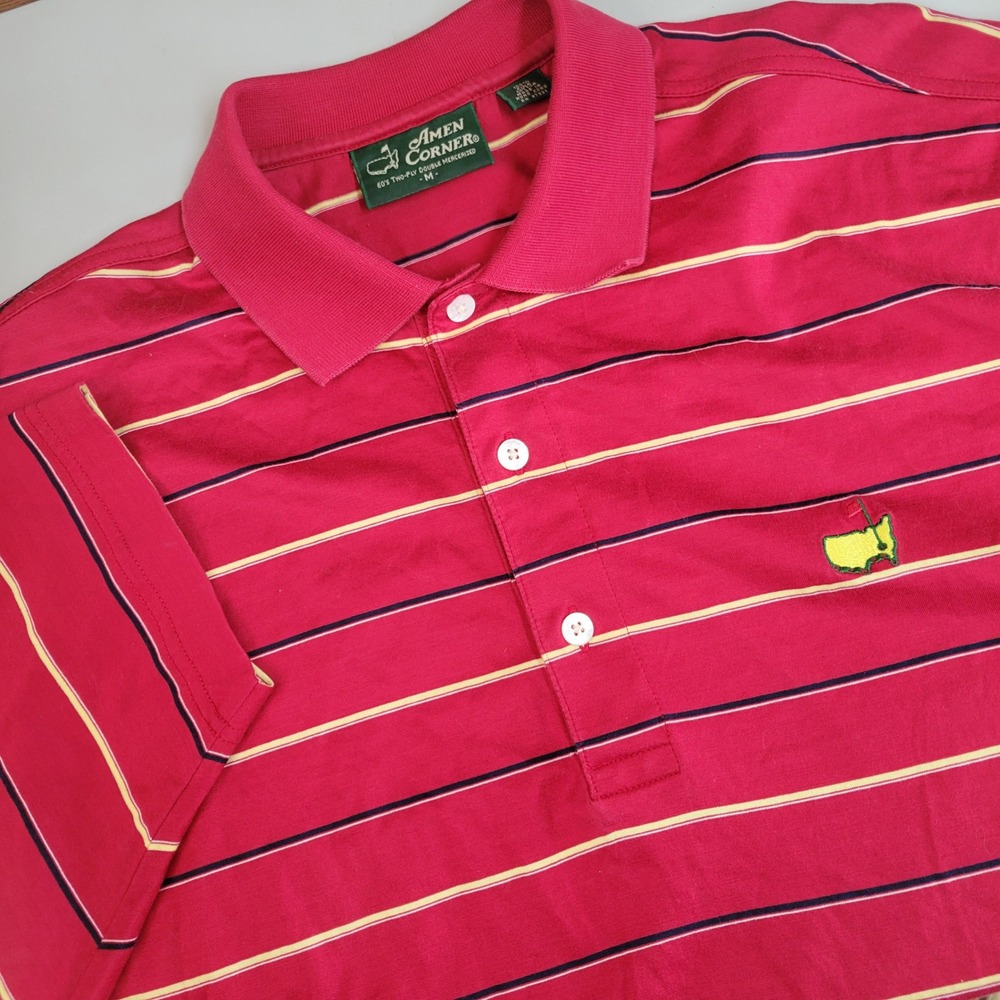 Vtg Amen Corner Masters Polo Shirt Mens Medium Red Striped Pima Cotton Golf‎